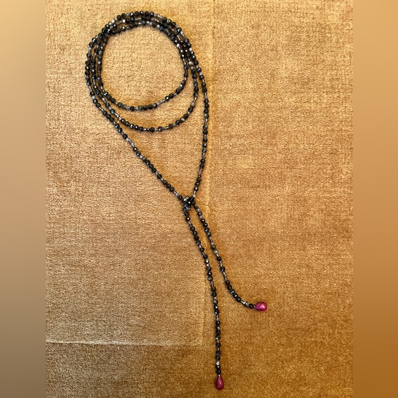 Moonstone & Obsidian Wrap Necklace, 53.5 inches Long - Picture 1 of 10